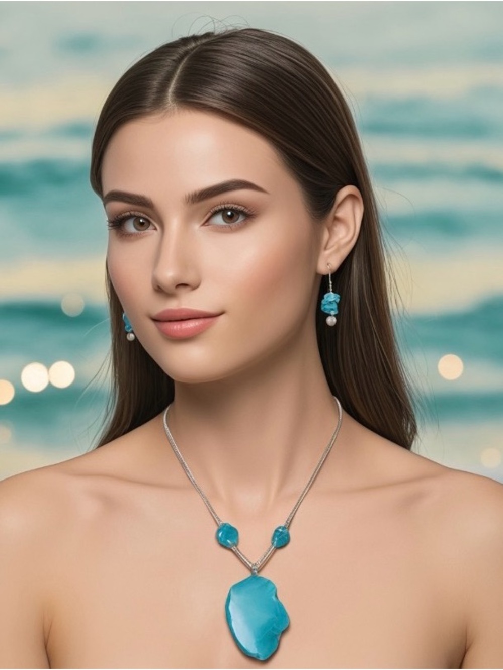 Turquoise-toned Stone Pendant Necklace and Drop Earrings - Women Jewelry